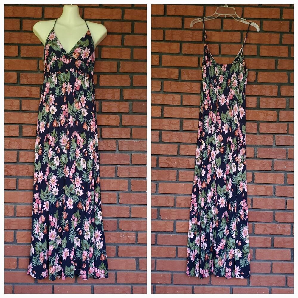 Smocked Babydoll Maxi Dress Sz M Navy Dark Blue Floral Y2K Boho Cottage Hippie
